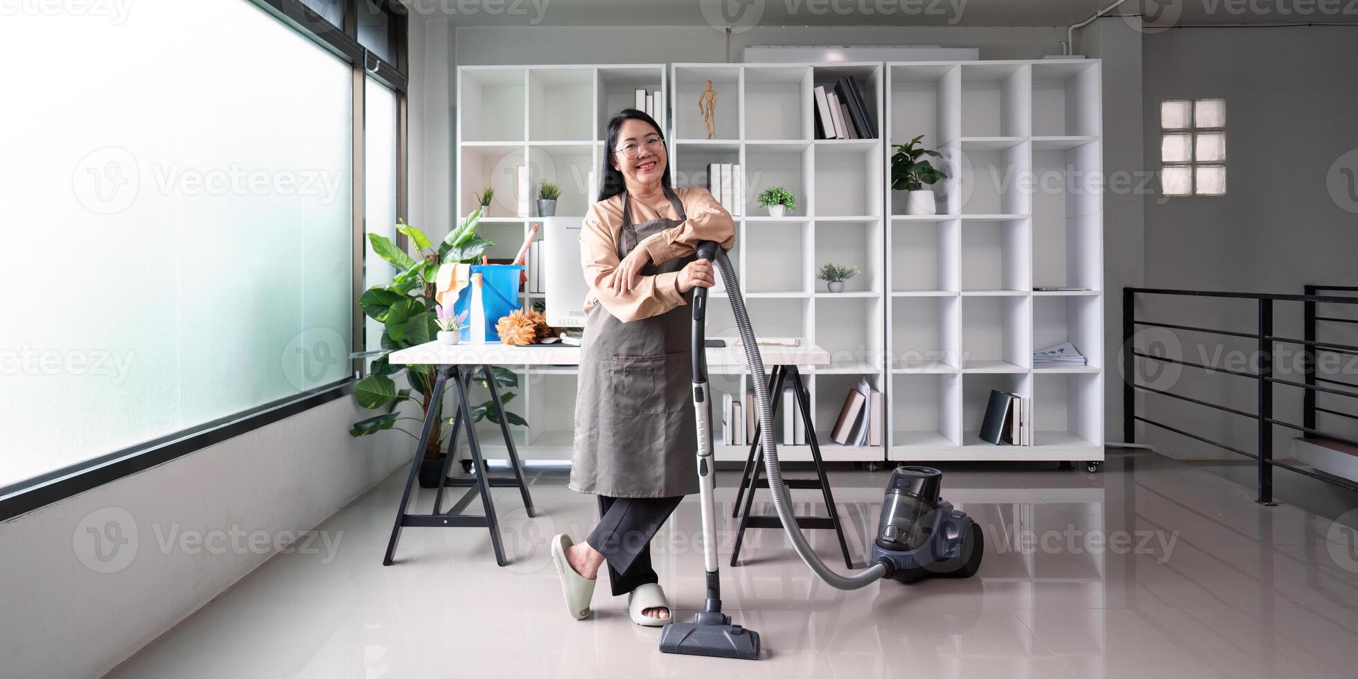 Professional cleaner working in a bright modern space