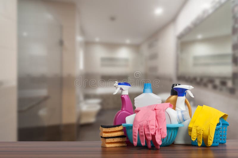Colorful professional cleaning supplies arranged in a bright space
